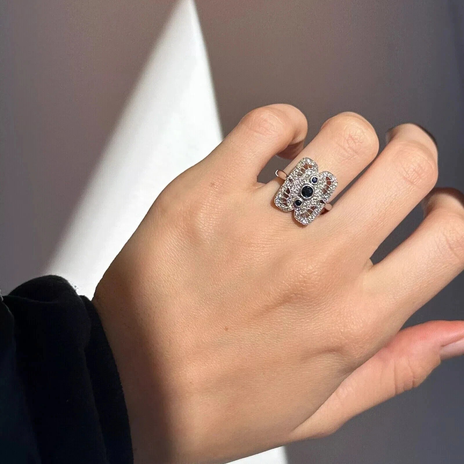 Art Deco Style Filigree Lab Created Sapphire Wedding 14K White Gold Finish Ring
