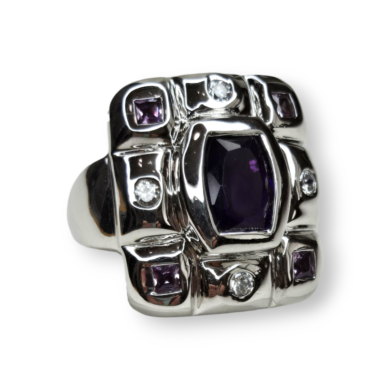 Sterling Silver 925 Chunky Amethyst Sapphire and Clear Quartz Ring Size 7