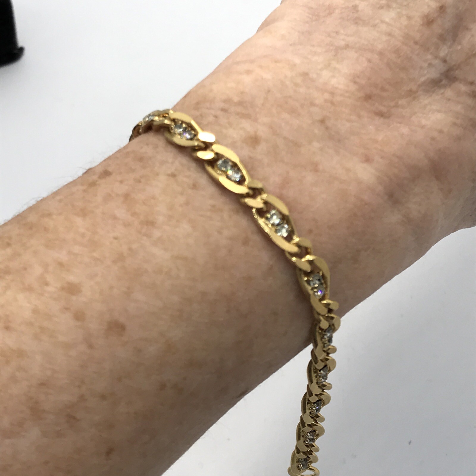 Vintage Delicate Gold Tone Chain & Crystal Accented Tennis Bracelet sz 6.75″