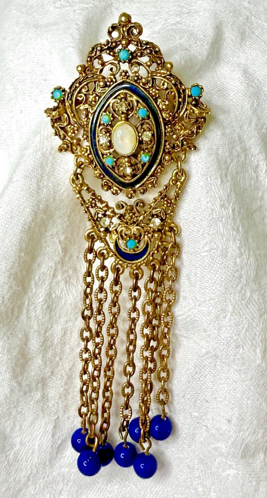 Vintage Florenza Filigree Brooch • Gold-Tone Fringe • Turquoise/Opalette