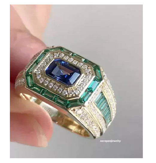 2.50Ct Emerald Cut Lab-Created Tanzanite Men Wedding Ring 925 Sterling Silver