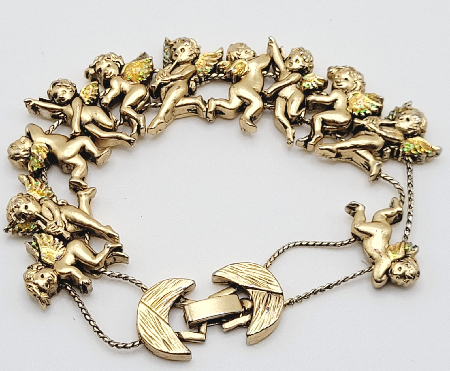 Cherub Angels Iridescent Glitter Wings Gold Tone Vtg Slide Bracelet 7.5 Inch