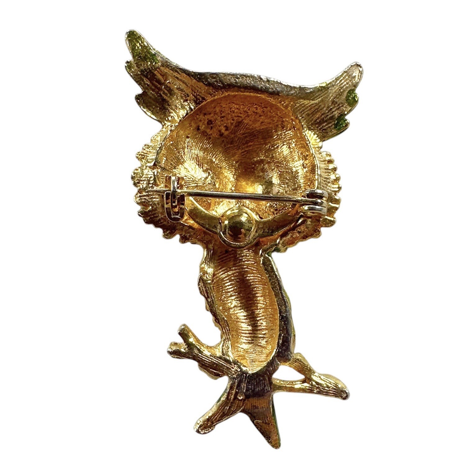 Vintage Owl Brooch Gold Tone Green Rhinestone Eyes Whimsical 3D 2″