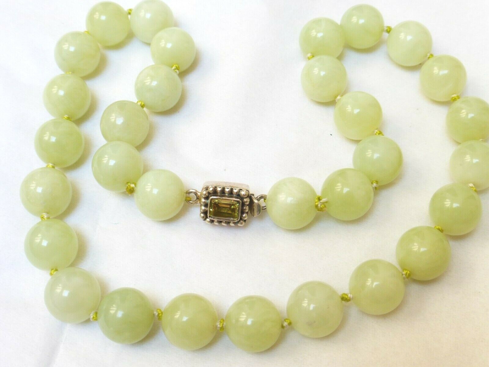 Chinese Green 12mm Jade Beads Necklace, Sterling Clasp,18″