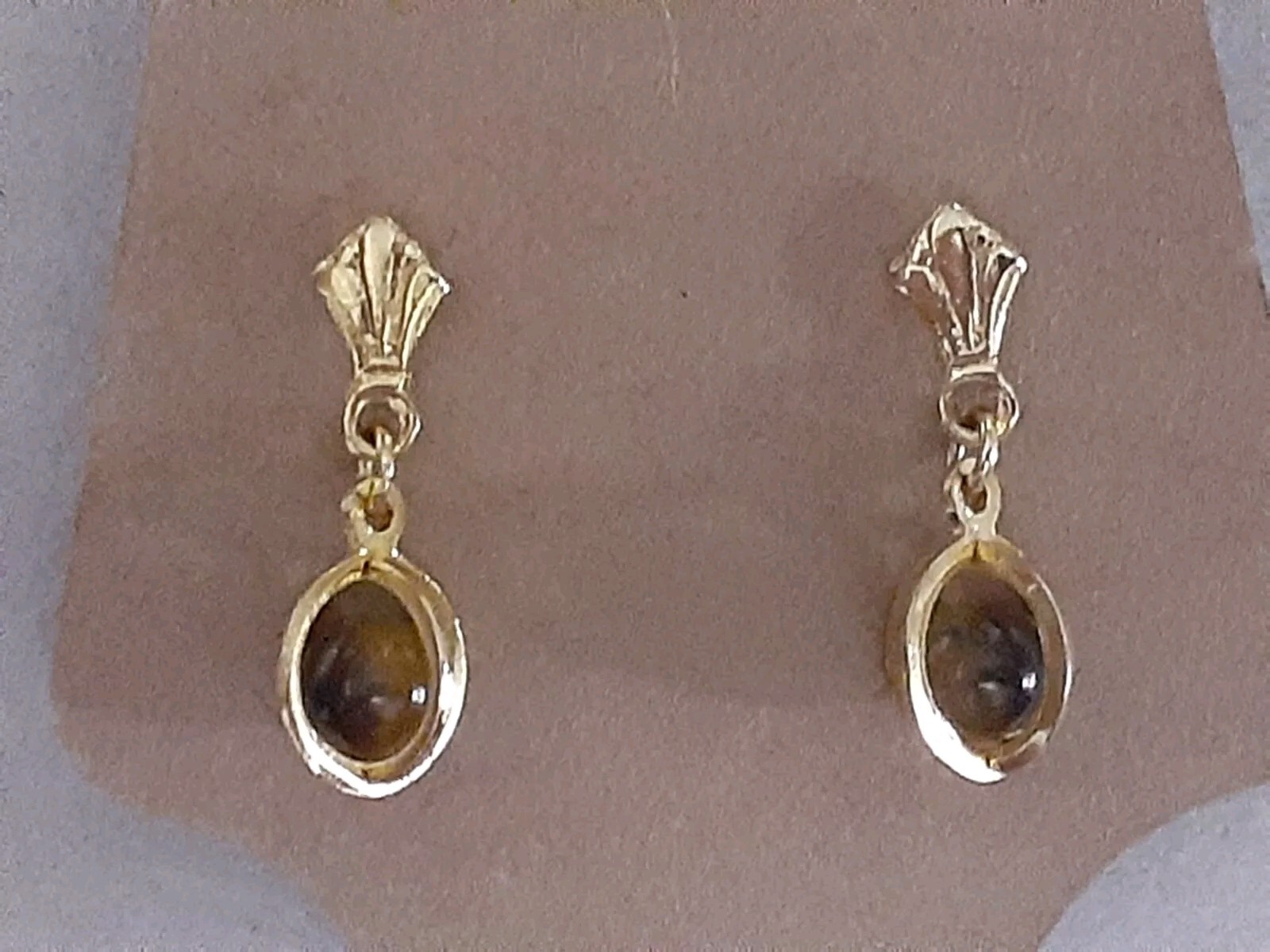 Dainty Tiger’s eye gemstone caged gold tone dangle drop earrings