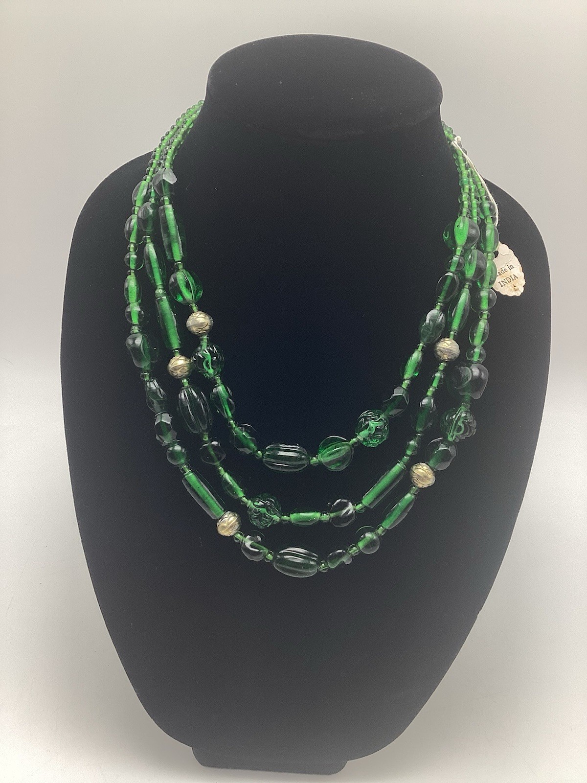 Vintage Emerald Green Glass Beaded Multi 3 Strand Necklace Made In India 19”