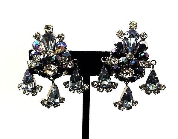 Fabulous Vintage Silver Tn BLUE AB Rhinestone Cluster Drop Clip Earrings AUSTRIA