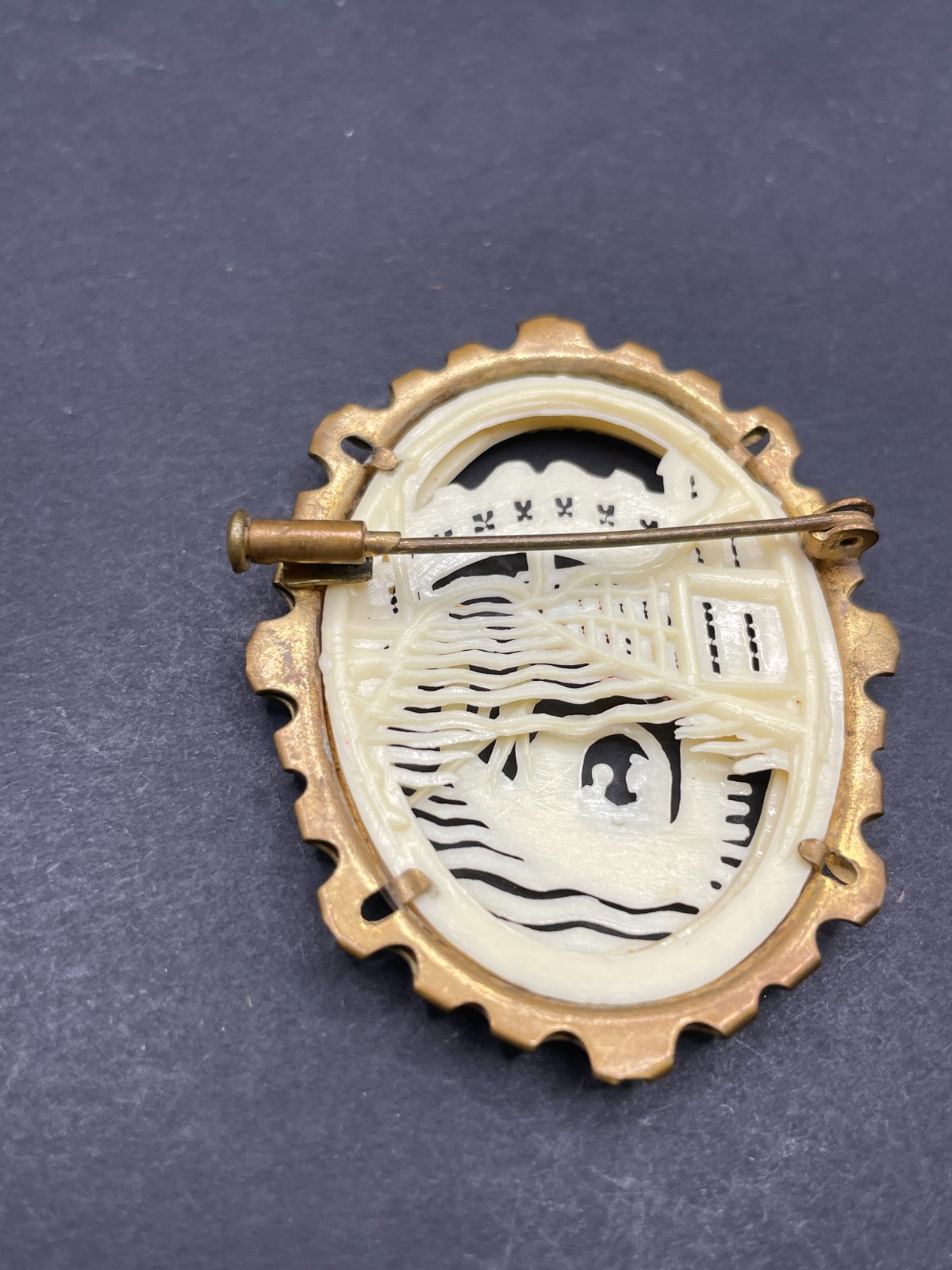 Vintage Art Deco Carved Celluloid Venice Scene Brooch Cameo