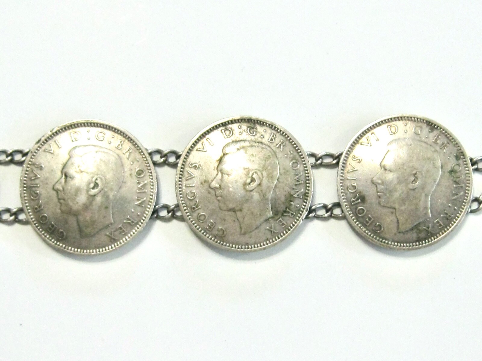 GOOD LUCK ENGLISH 1940’S 6 GREAT BRITAIN SIXPENCE COIN WEDDING LINE 7″ BRACELET