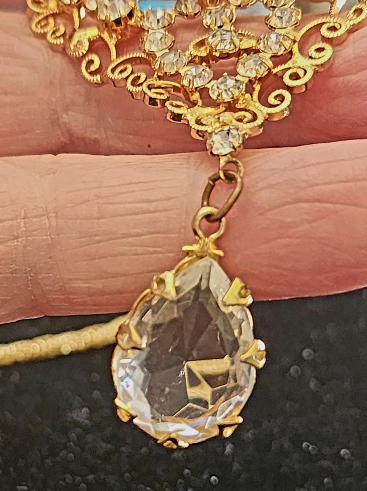Gold Filigree Rhinestone & Crystal Pendant On Chain Juliana Designer Look