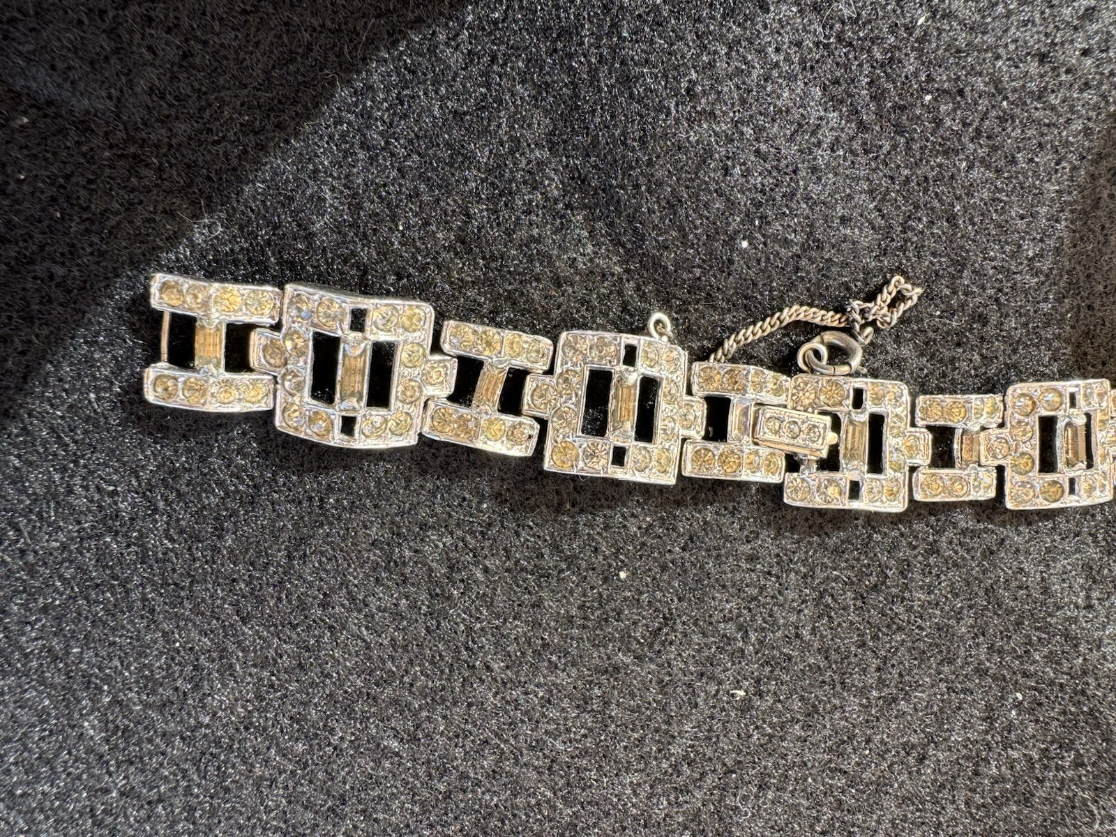 VTG ART DECO Style Rhodium Plated Baguette Rhinestone Link Bracelet 7.5″L BLING!