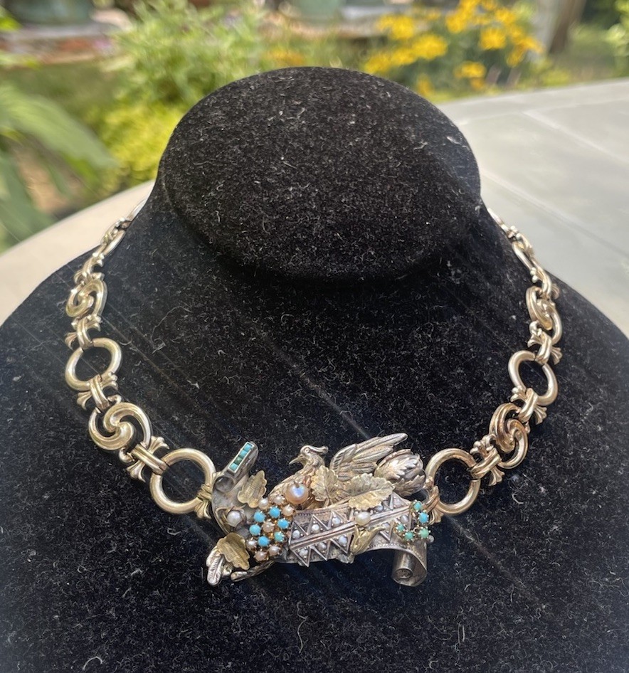 Antique Victorian Sterling Silver Vermeil Bird Turquoise Necklace