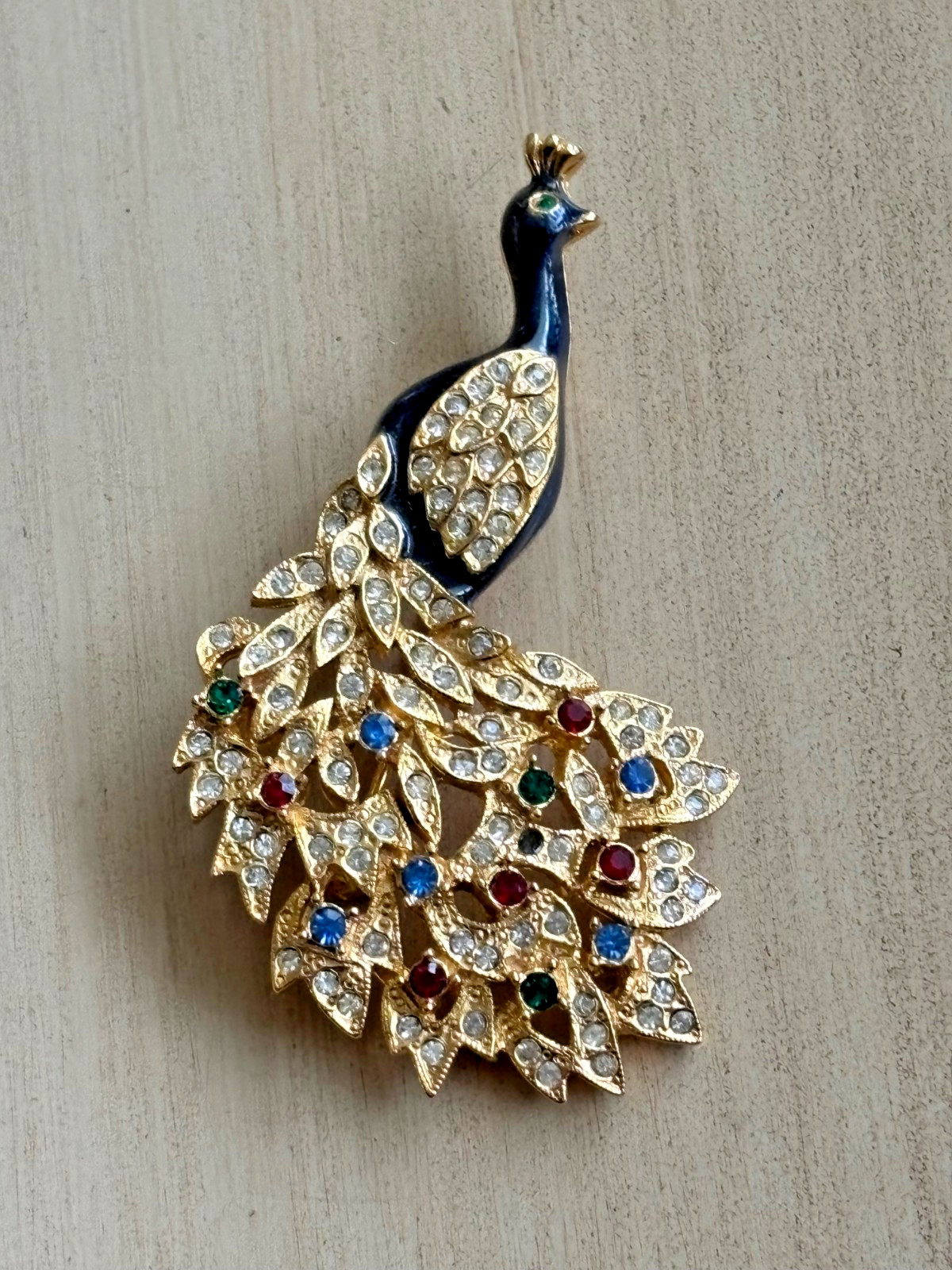 Vintage peacock brooch VTG jewelry gold tone enamel multi color stones