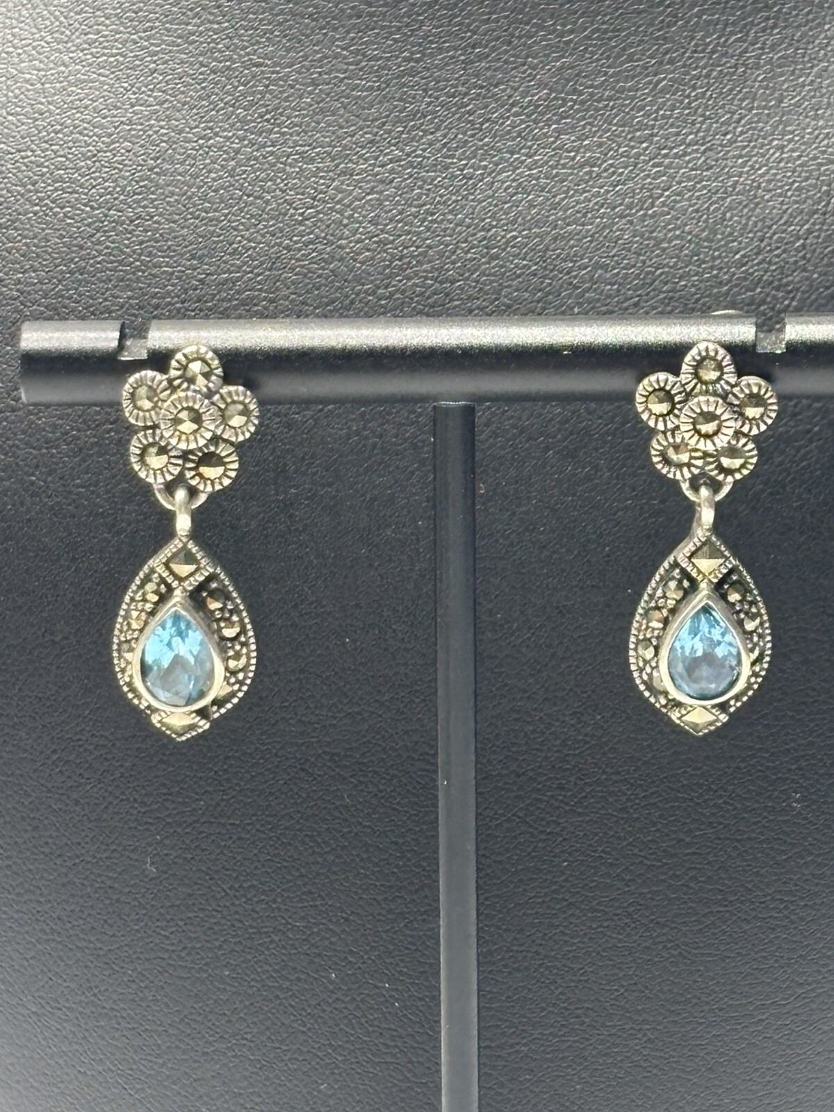 Vintage Blue Topaz Marcasite Sterling Silver Earrings Stud 925
