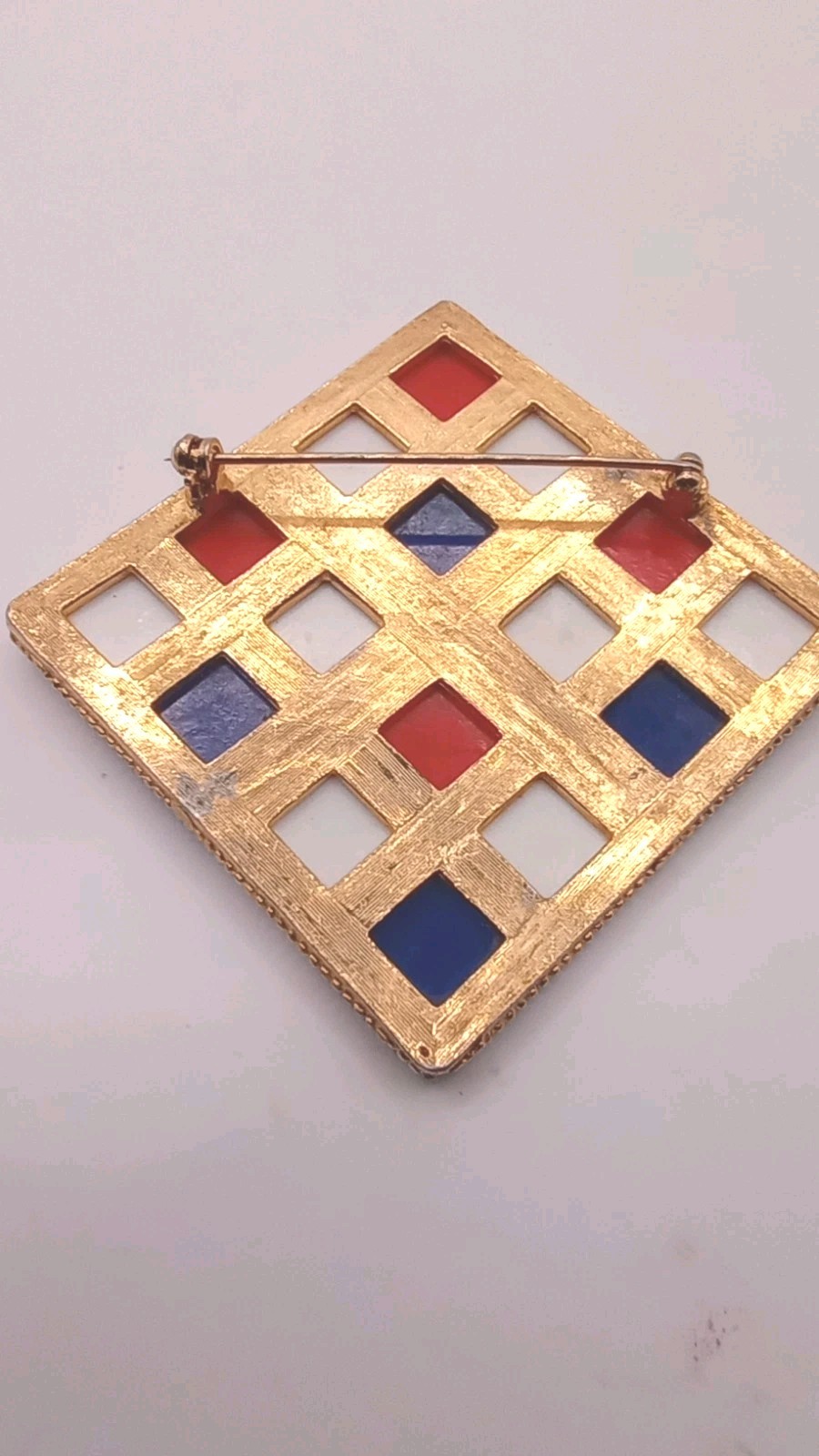 Vintage Red White Blue Geometric Square Brooch Gold Tone Patriotic Pin 2 in Sq