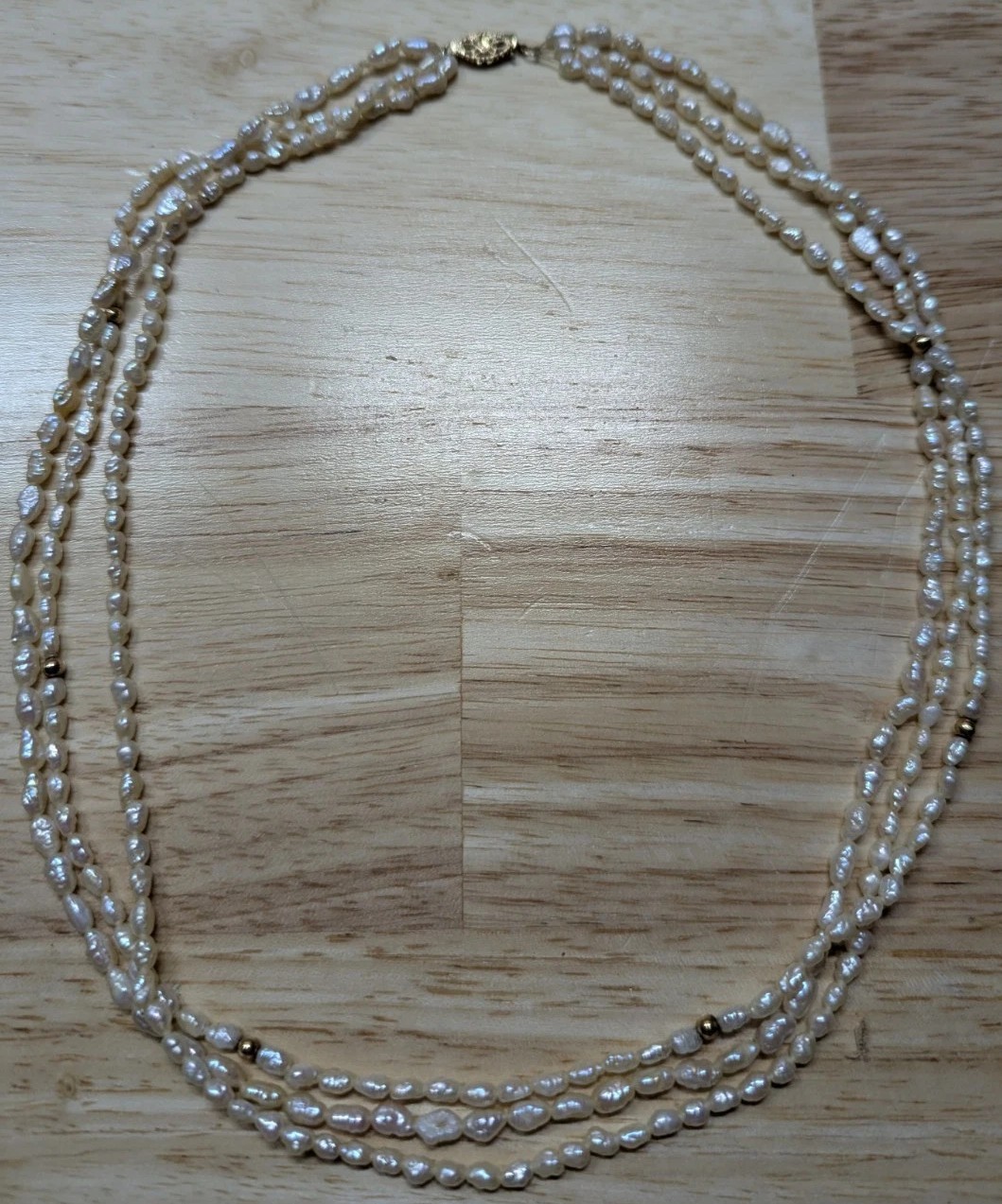 Vintage Freshwater Rice Pearl Marked “14K stamp” Gold Spacers 3-Strand Necklace