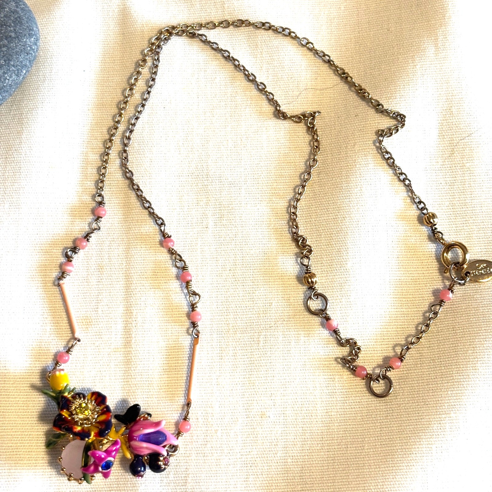 Les Nereides Paris Enamel Floral Necklace Hand Painted French Designer 19″