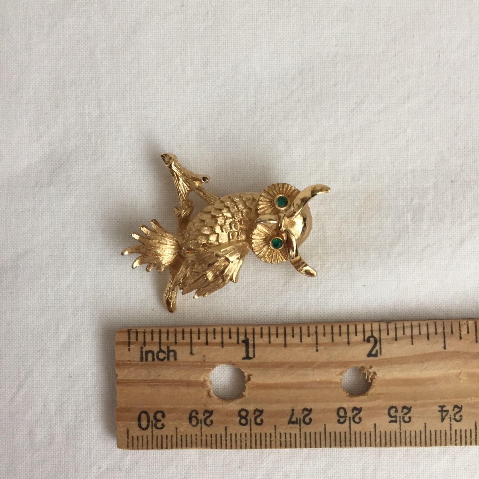VTG Horned Owl Brooch- Gold with Green Eyes, Rhinestone Monet Bird, Sweater Pin