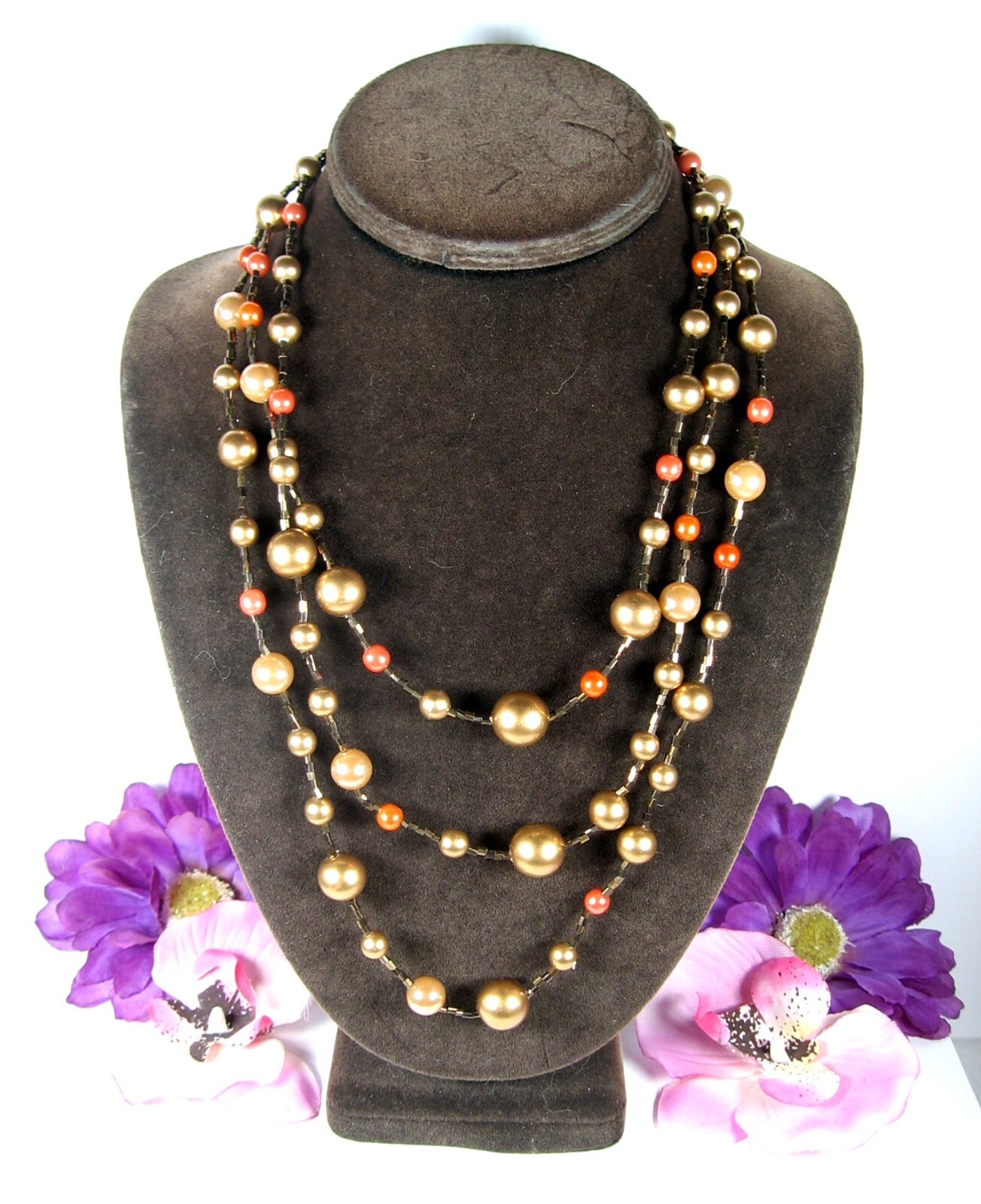 Triple Strand BRIGHT GOLDEN, BROWN, ORANGE Beads Necklace Vintage Beaded 20″