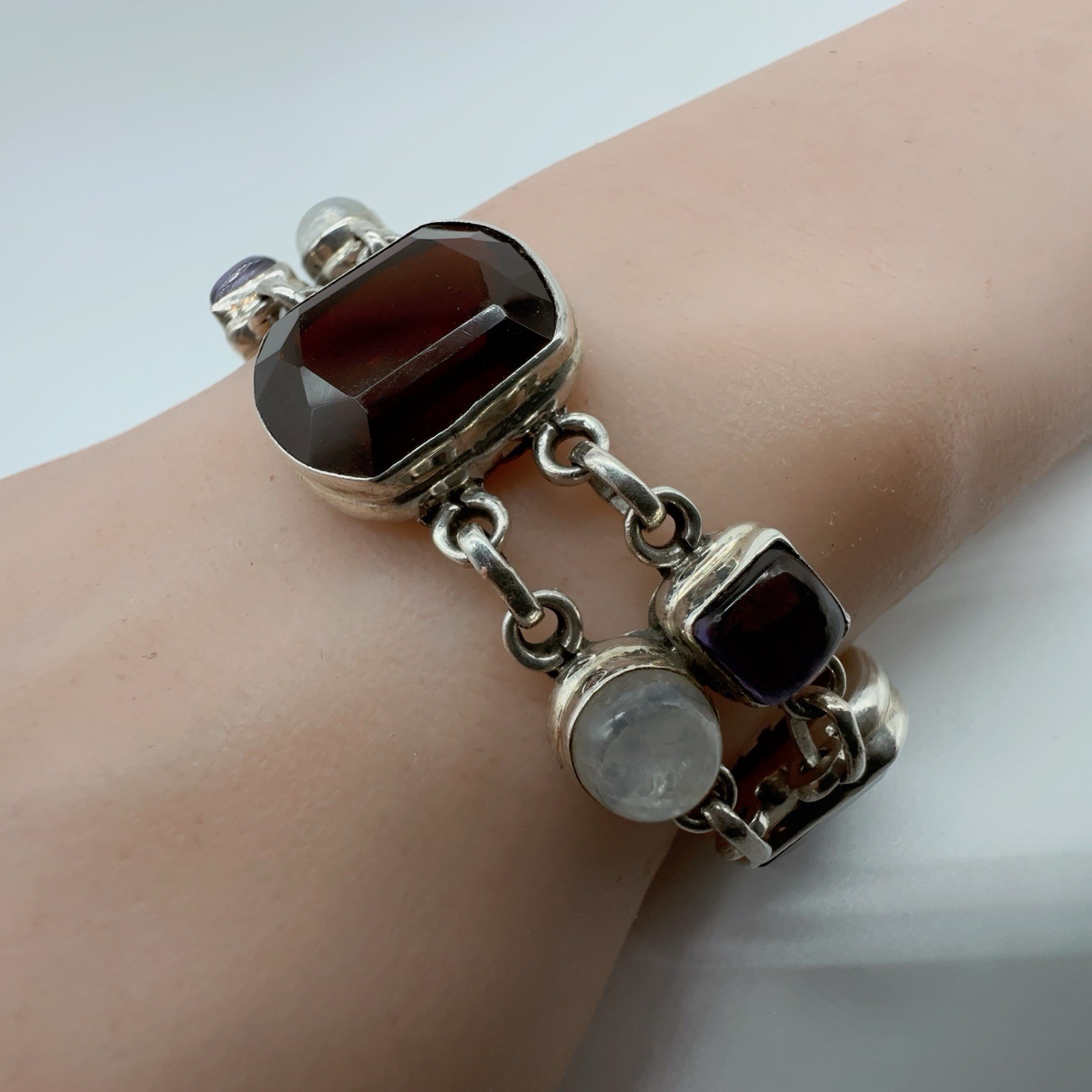Sterling Silver Amethyst Moonstone & Glass Link Bracelet 37.1g #yes