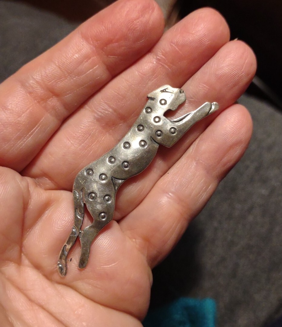 Vintage Sterling Leopard Pin Brooch Signed Dated J2