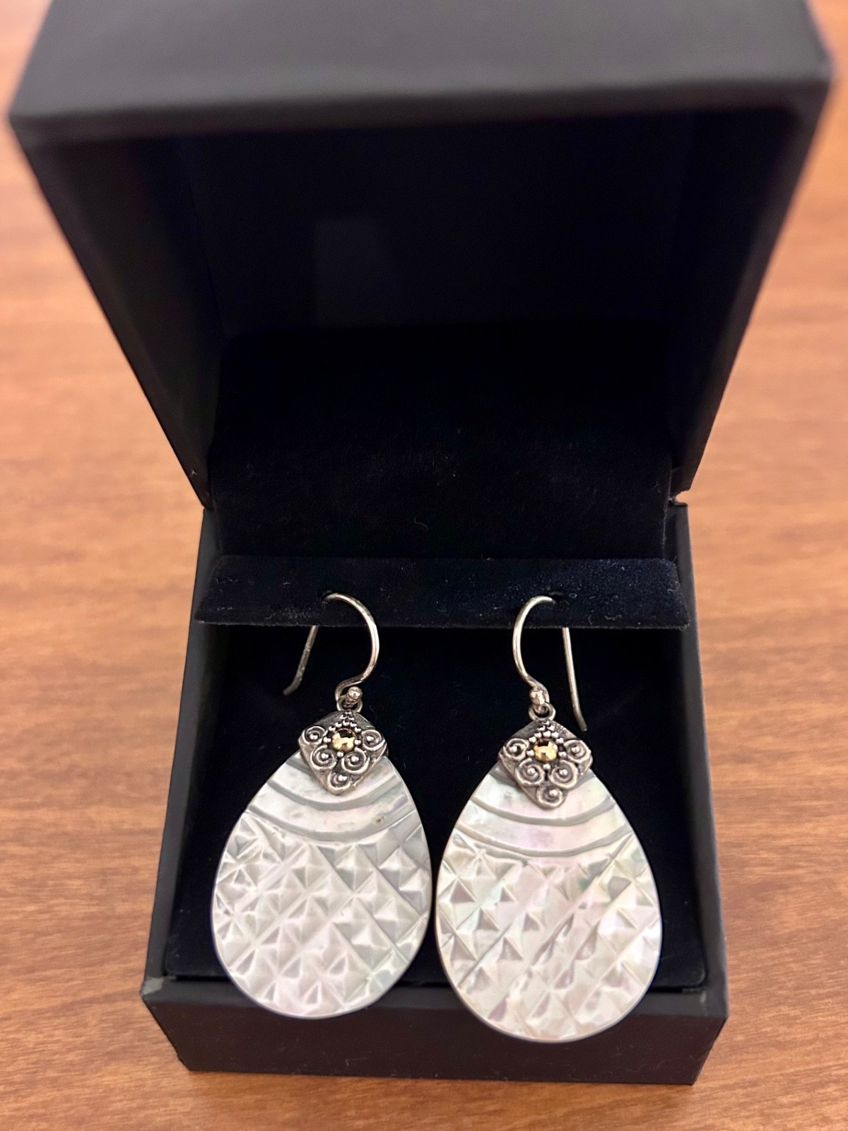 Vintage Robert Manse 18k & 925 Sterling Silver Mother of Pearl Dangle Earrings