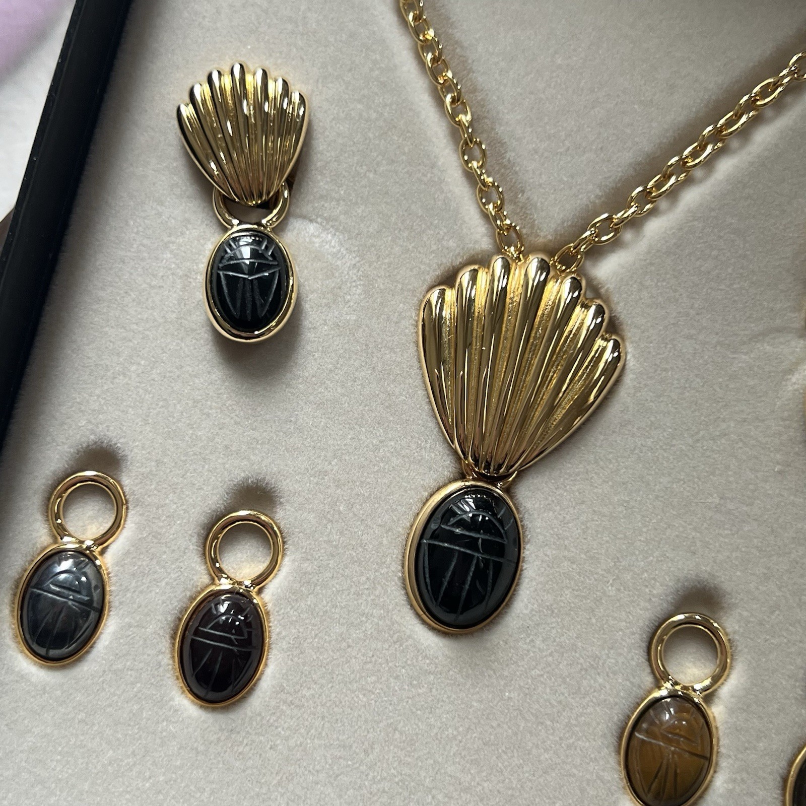 Vintage QVC Interchangeable Scarab Necklace and Earrings Set