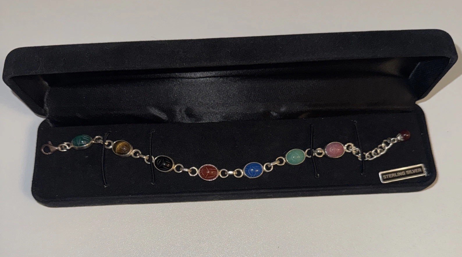 Vintage Egyptian Scarab Multi Gemstone Bracelet 925 Sterling Silver