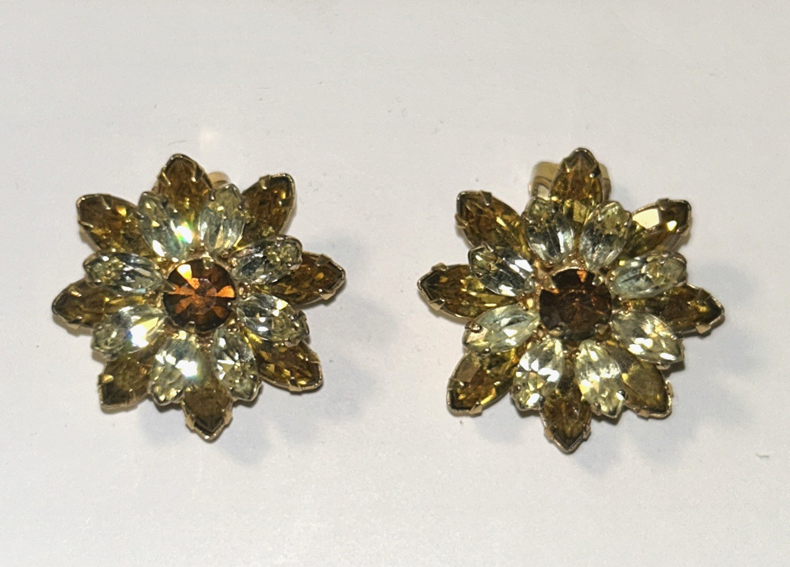 Vintage Kramer Of New York Brown & Gold Rhinestone Clip-On Earrings Gold Tone