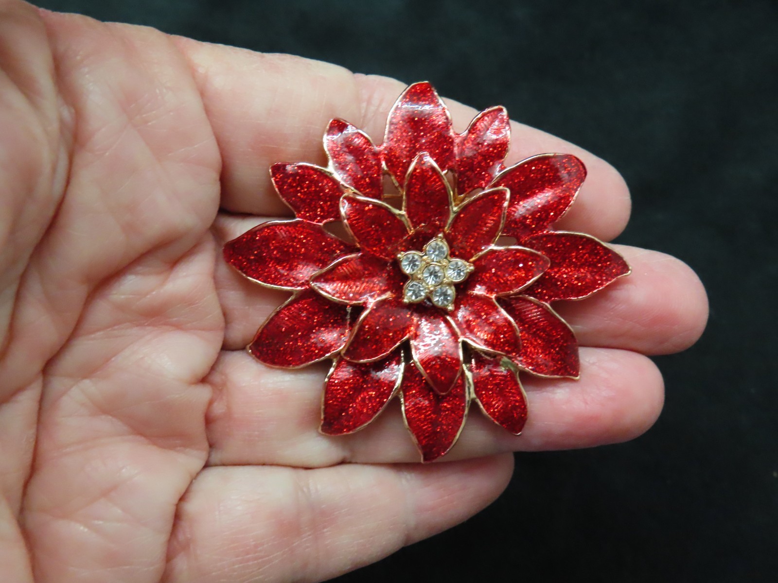 Vintage Gold Tone Red Enamel & Rhinestone Poinsettia Brooch