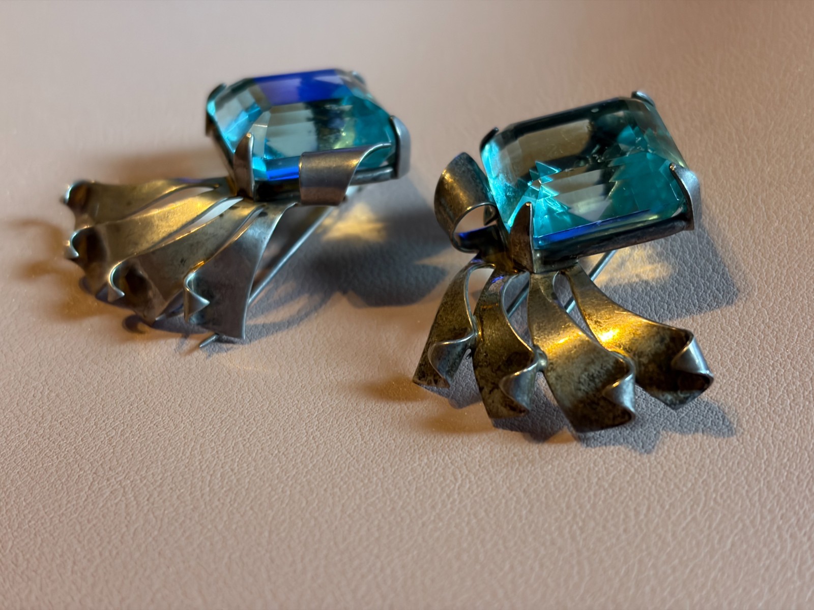 Vintage Art Deco Sterling Silver Emerald Cut Blue Topaz Drop Earrings