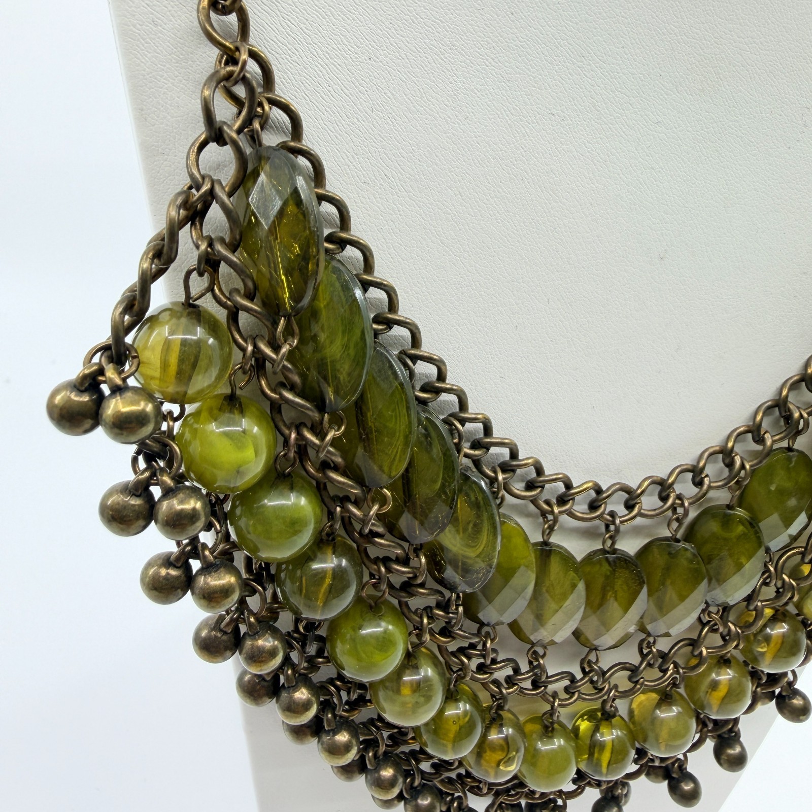 Vintage Bronze Tone Multi Strand Bib Necklace Chunky Statement Green Bead Boho