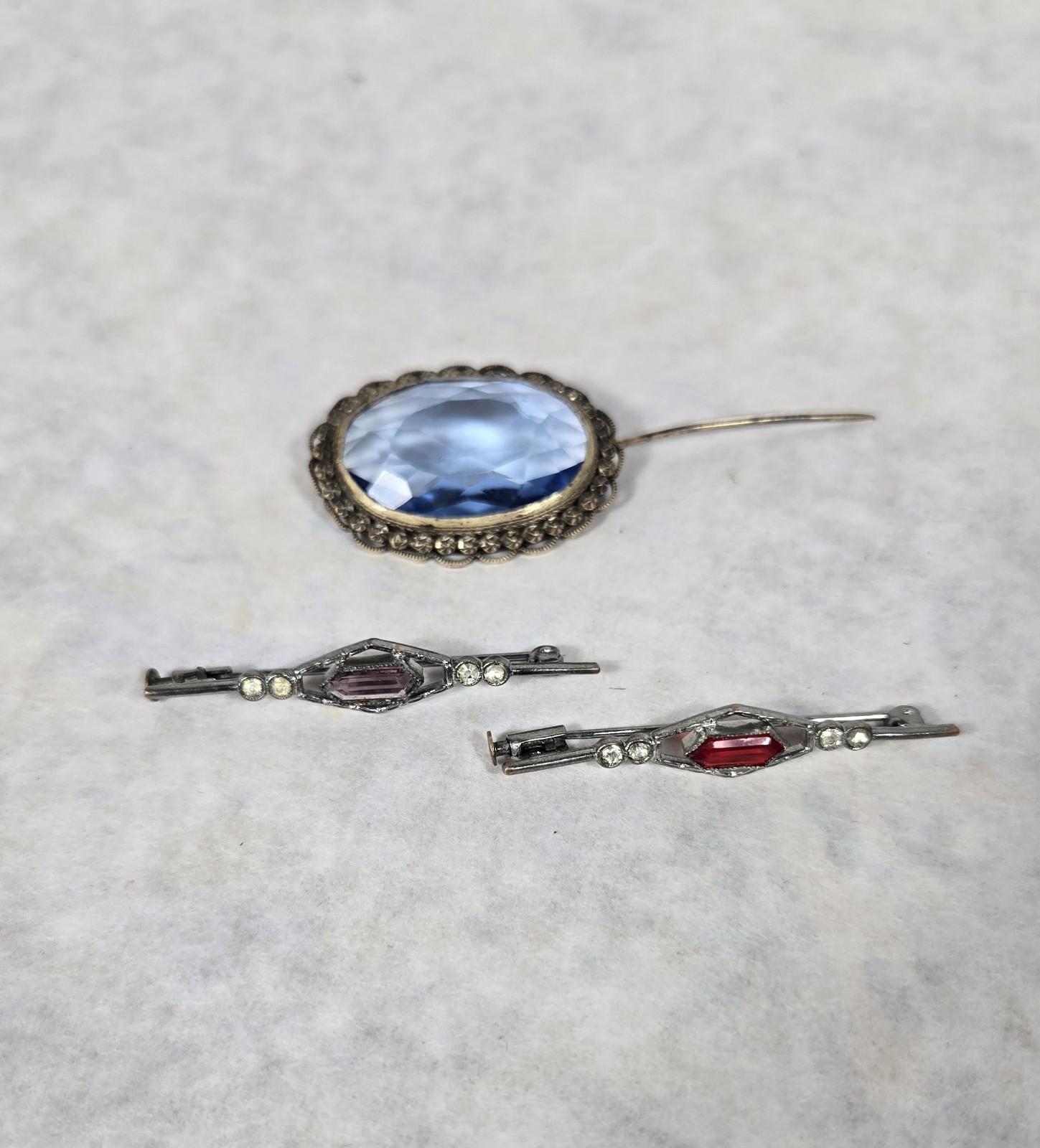 Lot 3 Antique Czech Art Deco Brooch Bar Red Blue Purple Clear Glass Rhinestones