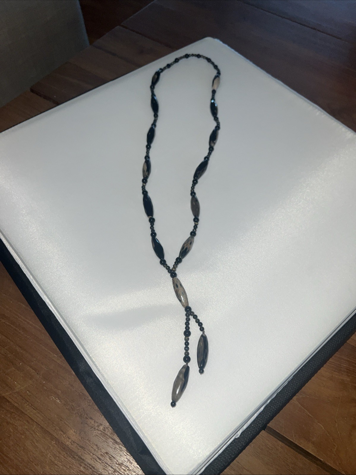 Lariat Necklace Gemstone Jasper & Agate Stones 28” Plus 4.5” Black, Tan Earrings