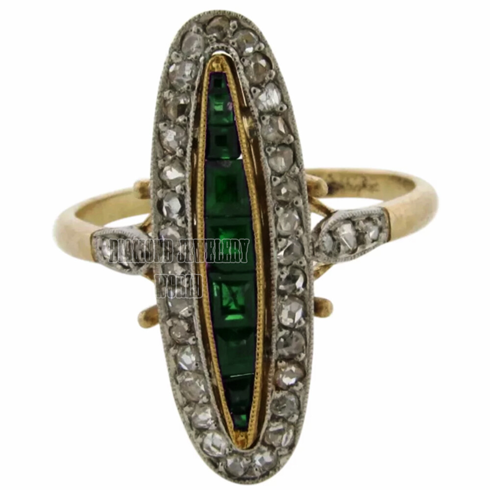 Gorgeous 1.08ctw Rose Cut Diamond Emerald Studded Silver Victorian Ring Jewelry