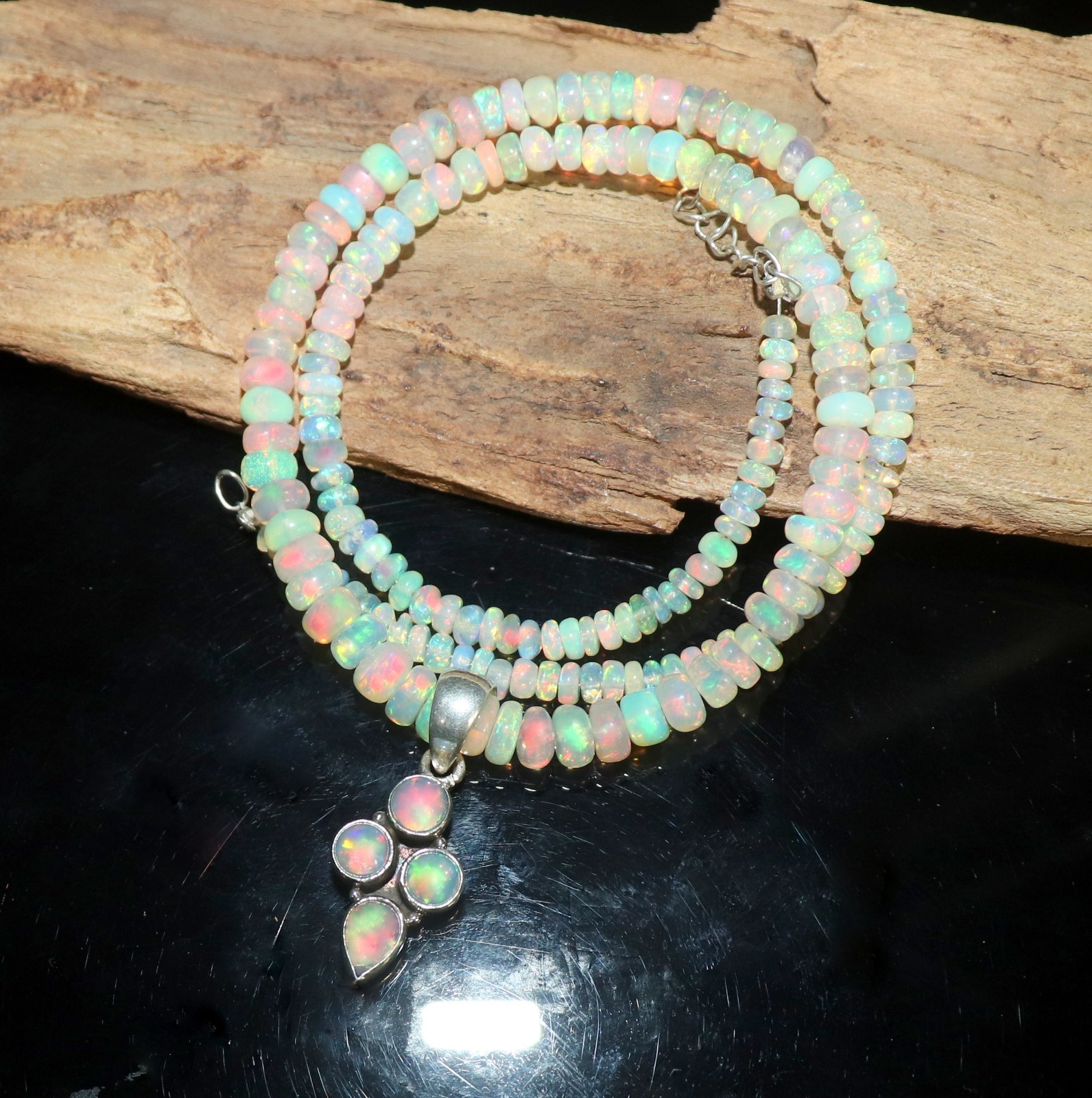 Natural Ethiopian fire opal beaded necklace with sterling silver opal pendant