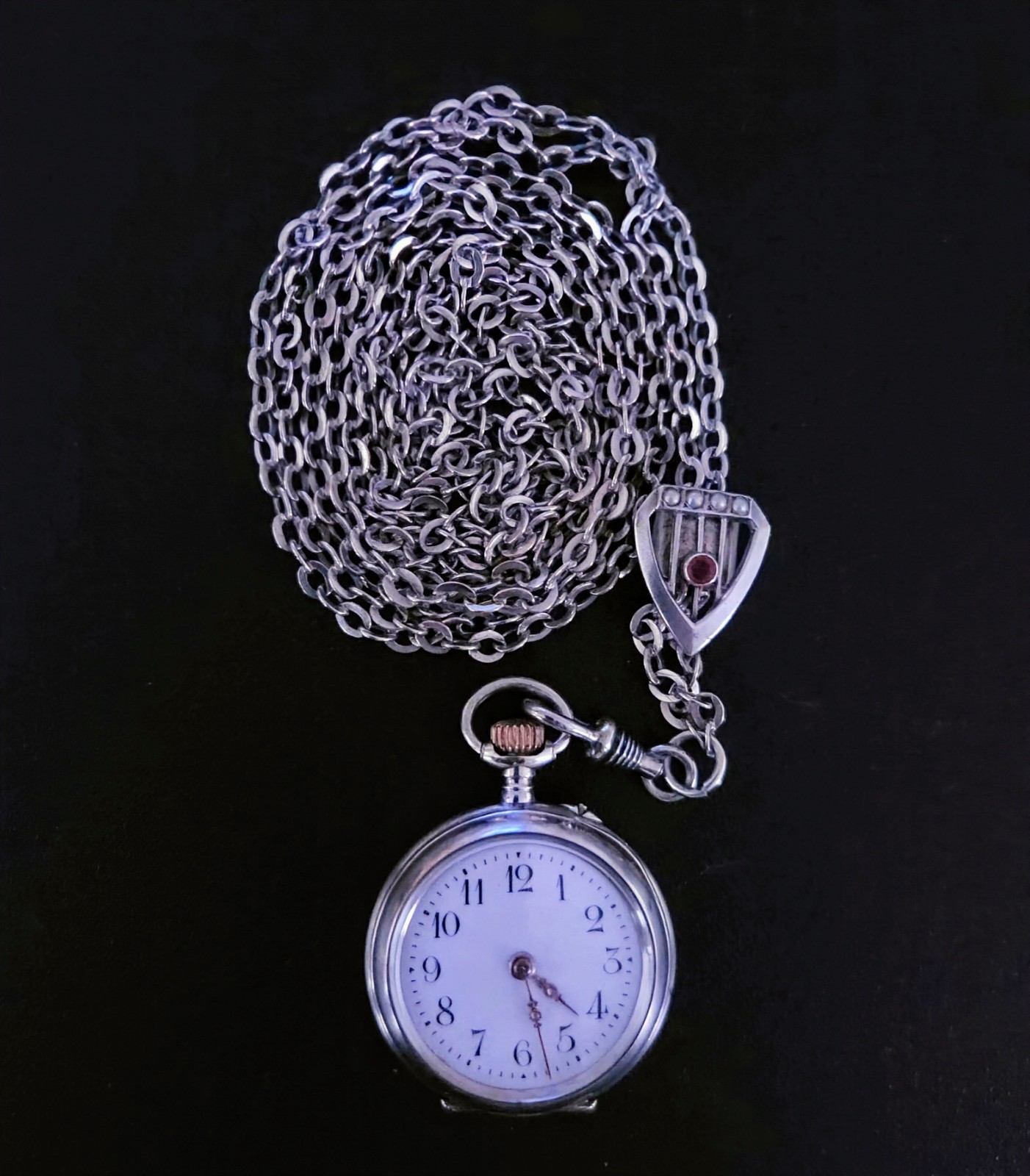 Victorian .800 Silver 57″ Guard Chain Watch Pendant Necklace Garnet Pearl Slide