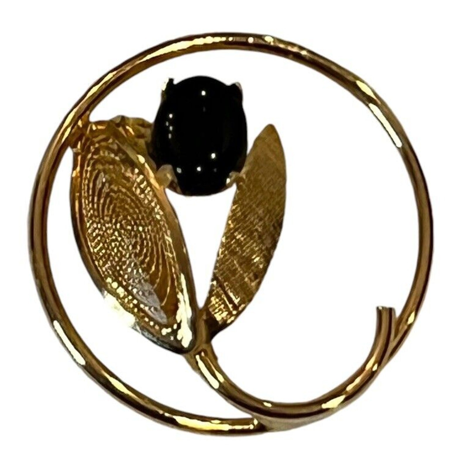 Vintage 1/20 12K Yellow Gold Black Onyx Brooch Pin 1” Diameter Flower Filigree