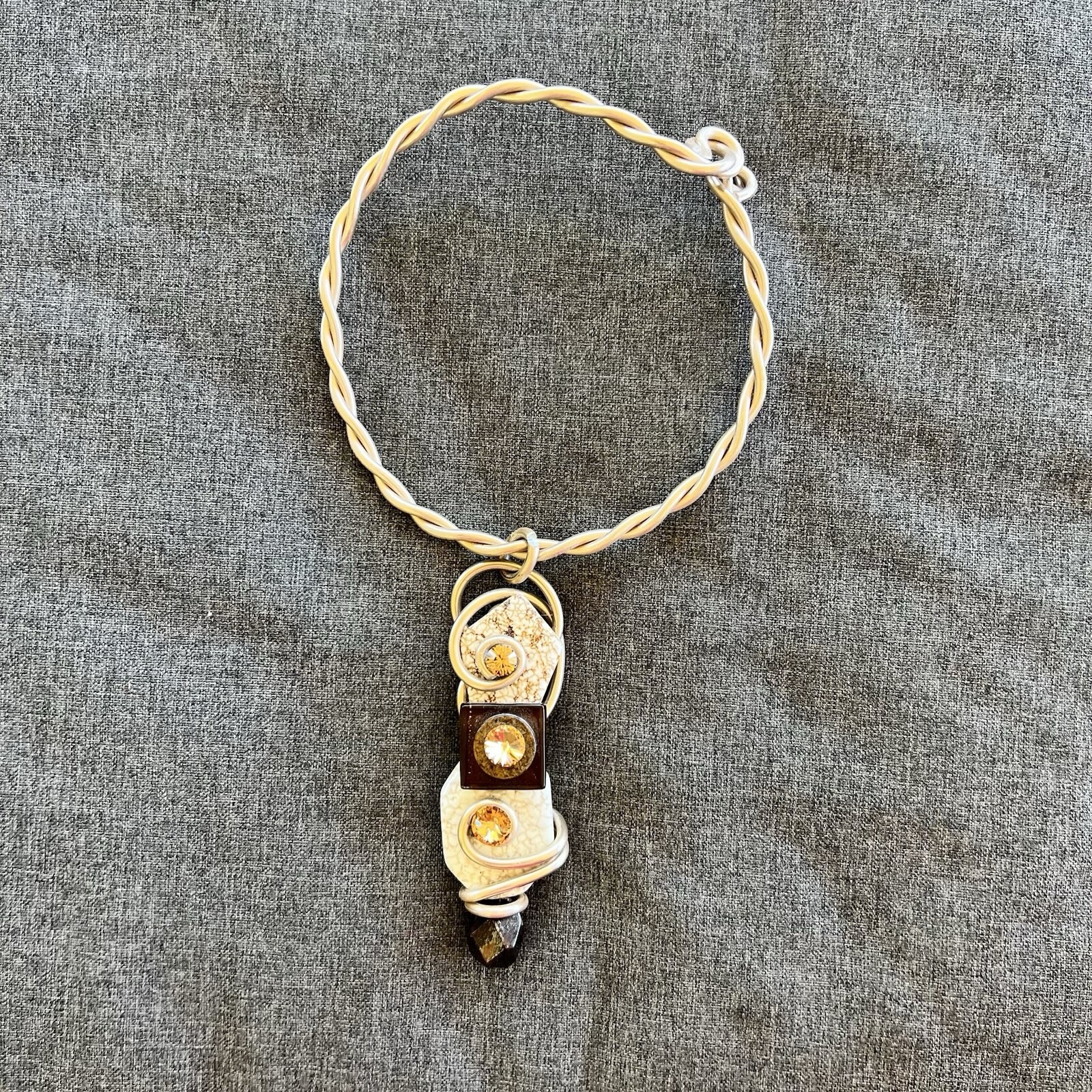 Vintage Jeff Lieb Wire Choker Necklace Gold Tone Natural Stones Citrine Crystals