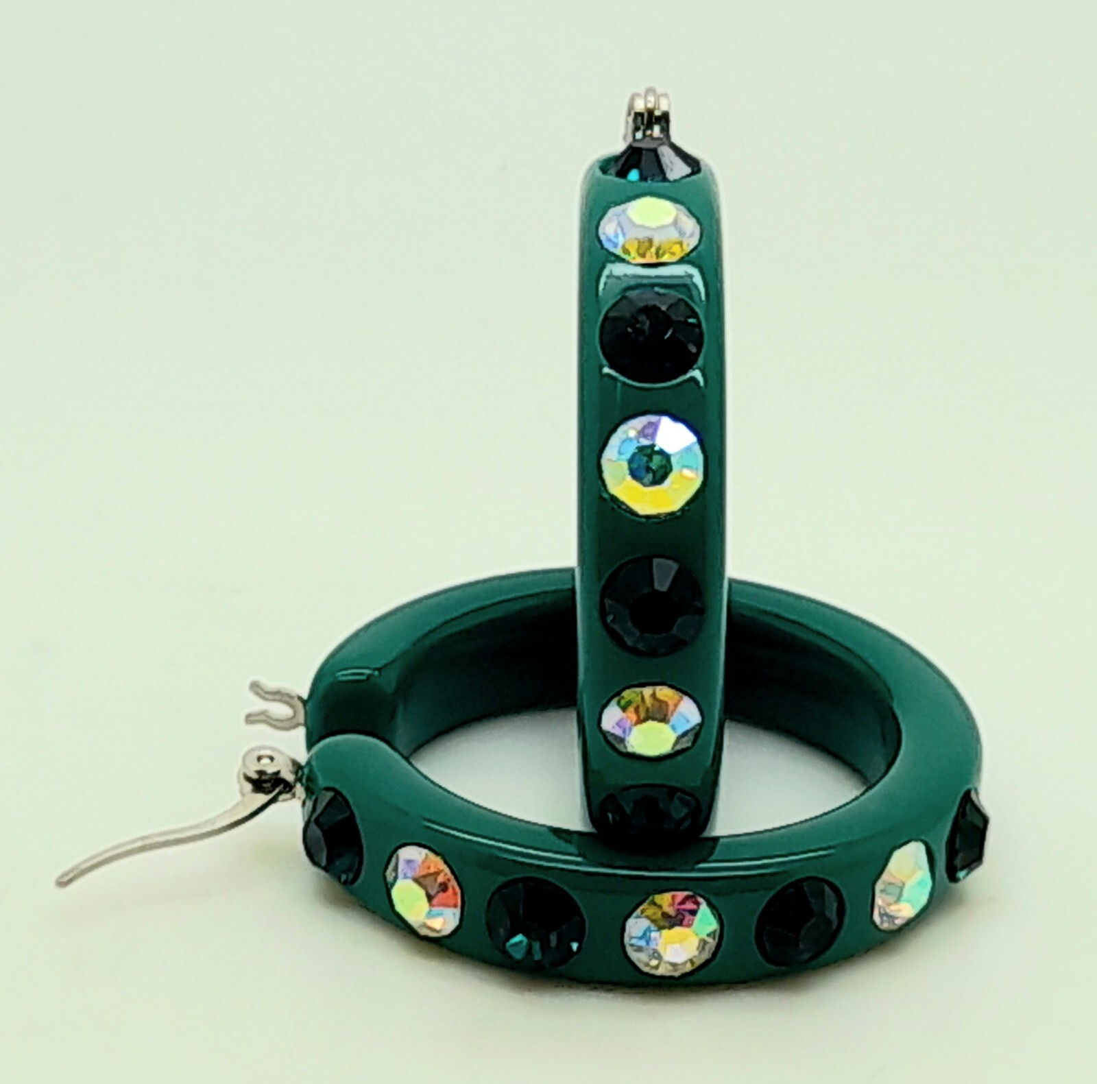 E179 Dk green lucite Acrylic wide 1.5 Hoop dk green & ab color Fashion Earrings