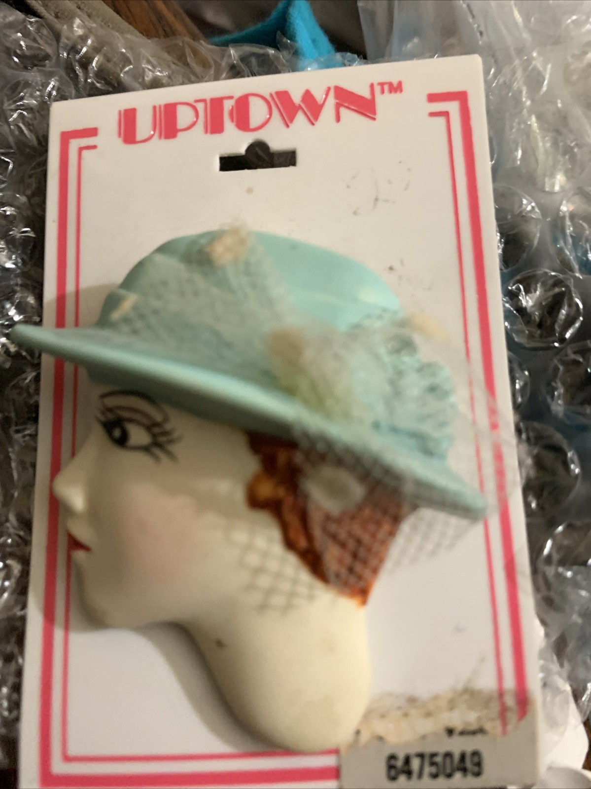 Fancy Light Blue Hat With Netting Lady Brooch