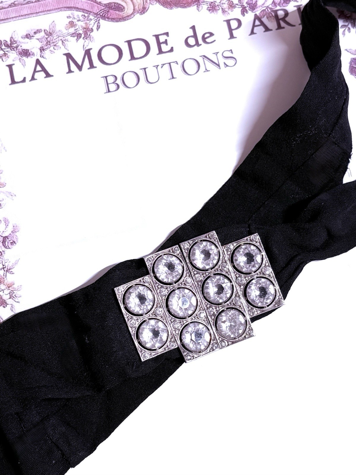 Antique Paste Crystal Silver Belt Buckle Black Crepe Sash Belt Hallmarked Czech