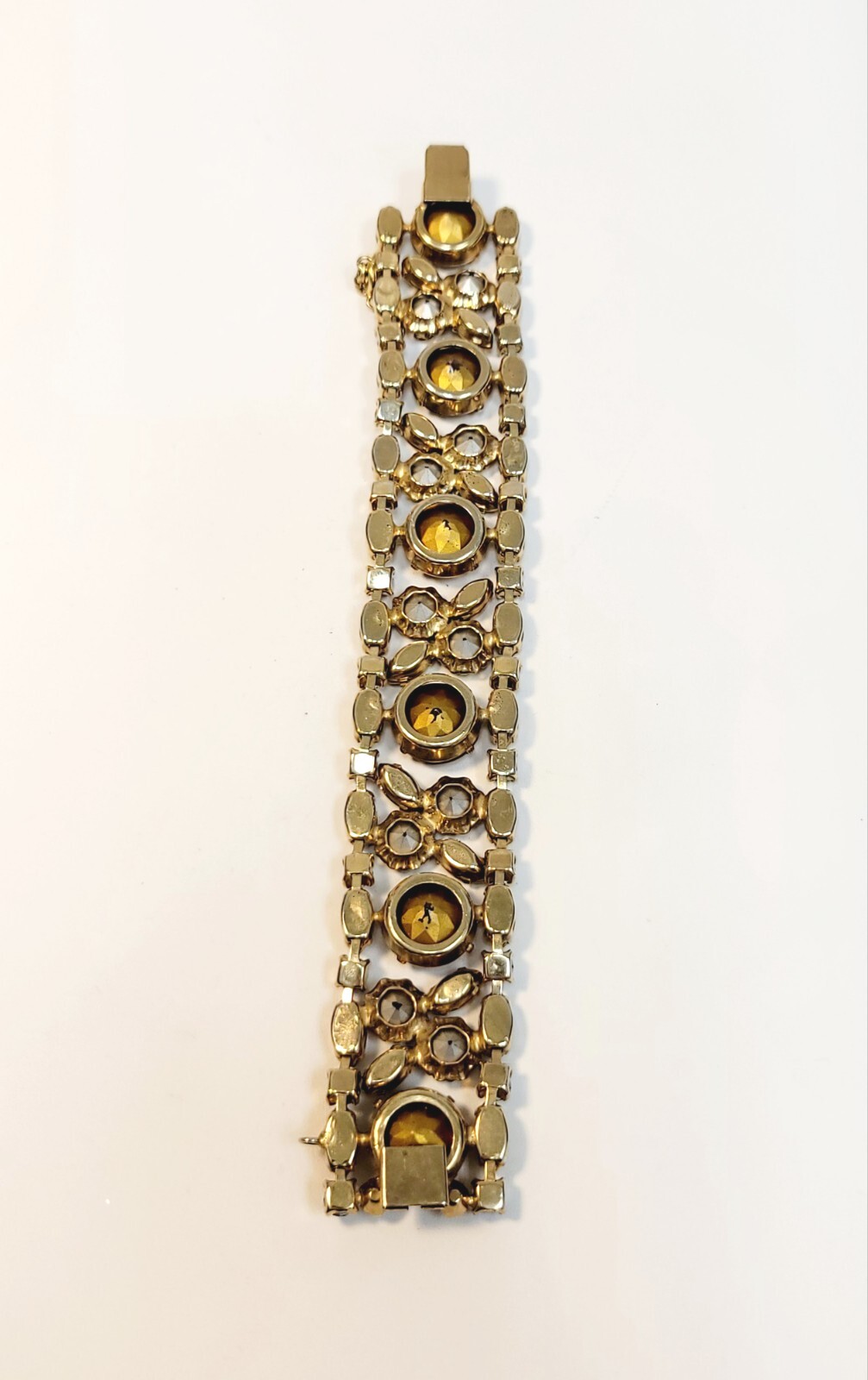 Vintage Schreiner Wide Bracelet Light Topaz AB Gold Rhinestones 7.5″