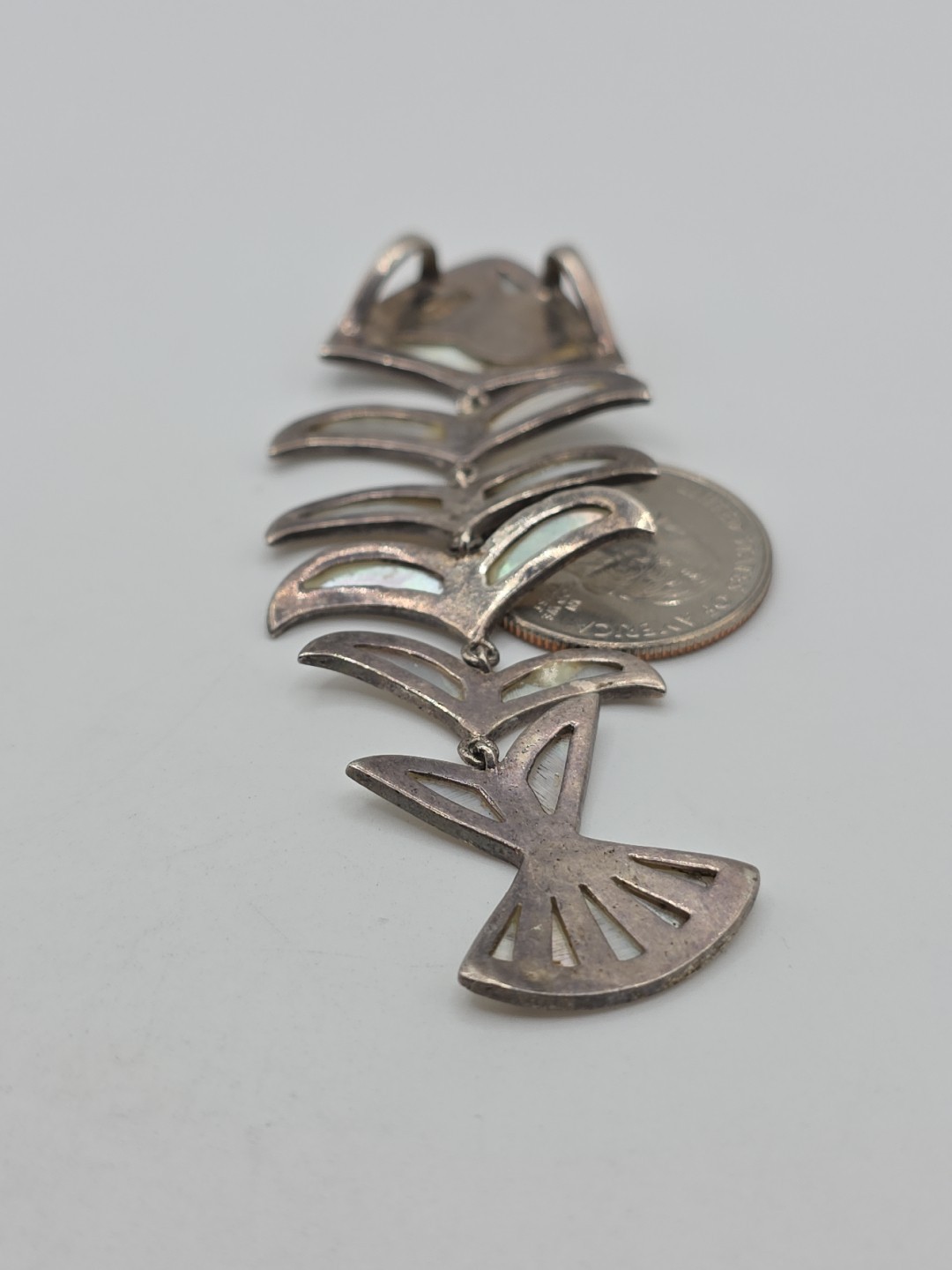 Vintage Sterling Silver 925 MoP Fish Bone Dangle Pendant