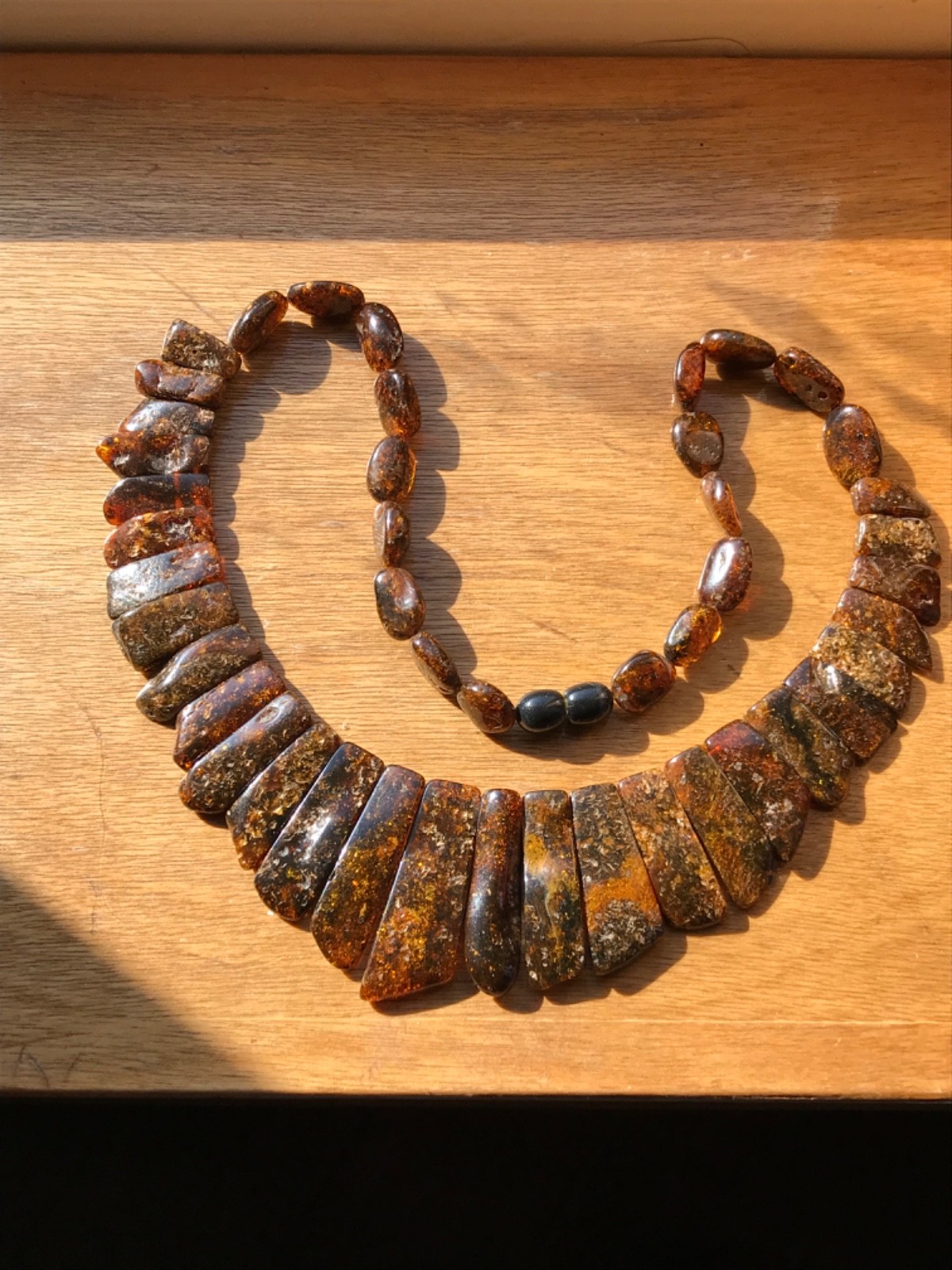 Baltic amber flat collar panels necklace golden brown with many inclusions