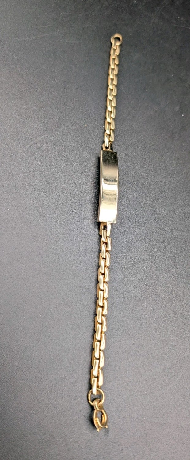 VTG Gold Tone ID Chain Bracelet, Blank Panel, 8.5″ Unmarked