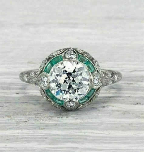 Art Deco Round Lab Created Diamond & Emerald Wedding 14Ct White Gold Finish Ring