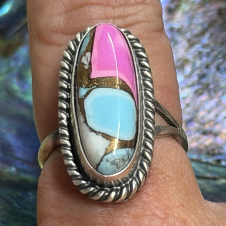 Native made J. Belin signed 925 SS cotton candy ring Size 7 adjustable