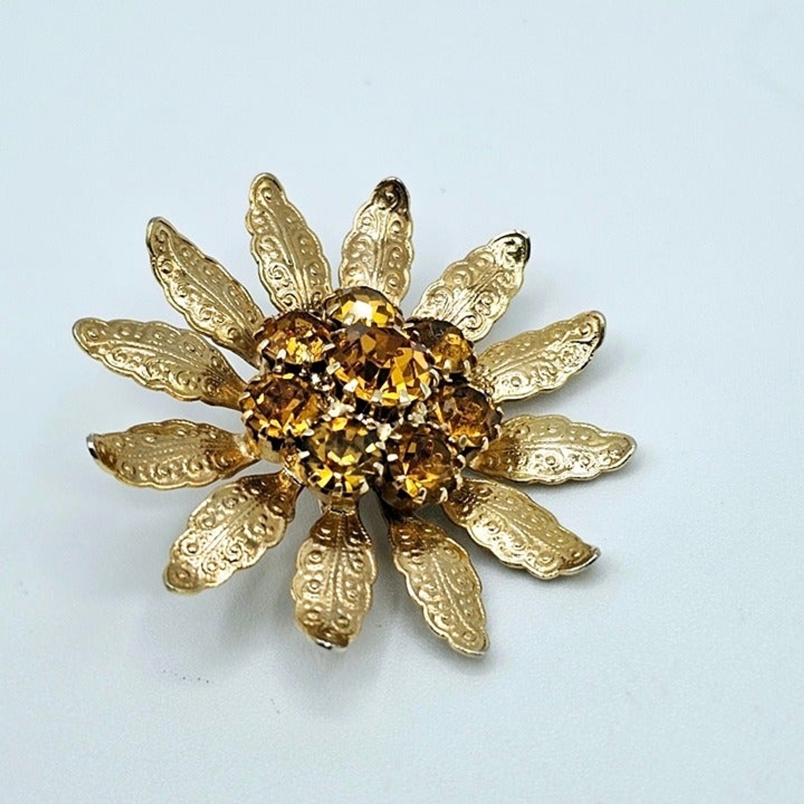 Flower Brooch Honey Rhinestone Filigree Leaves Floral Statement Vintage Pin