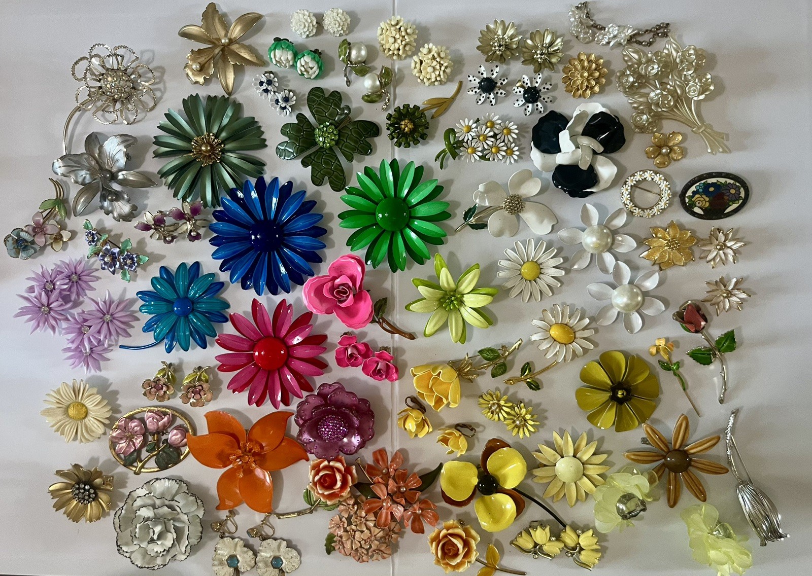 Vtg Enamel Flower Brooch Pin Earring Lot Rhinestone Signed Retro Jewelry 62 pc